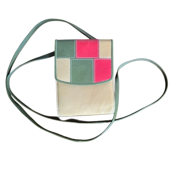 Vintage Handbags - Vintage JBG Green Beige Red Patchwork Leather Crossbody Purse Small Wallet Bag